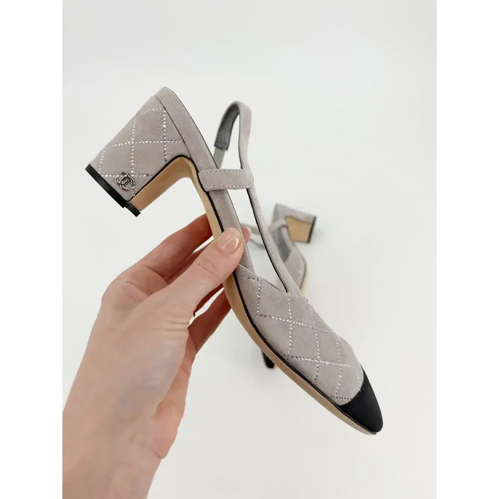 Chanel Quilted Suede Slingback Gray Crystal CC Logo Pumps Heels Size 43 EU 12